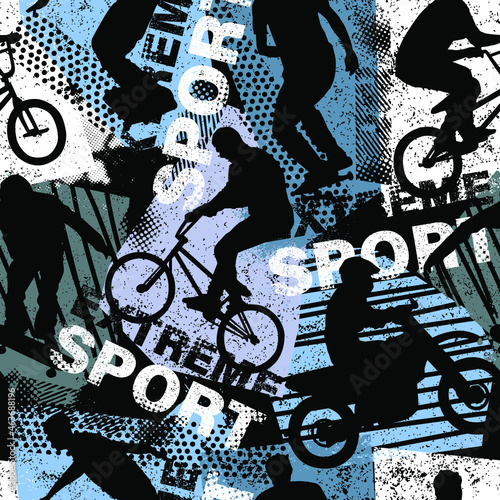 Abstract seamless grunge pattern for guys. Urban style modern background with boy on bicycle BMX, motorcycle and skateboards. Sport extreme style creative wallpaper