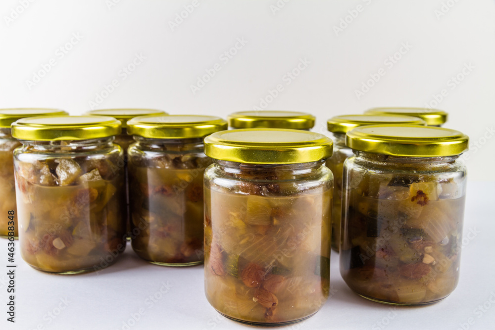 Batch of home made marrow chutney jars, landscape. Batch of home made marrow chutney jars, landscape.