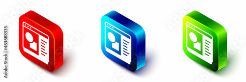 Isometric 3D printer software icon isolated on white background. 3d printing. Red, blue and green square button. Vector