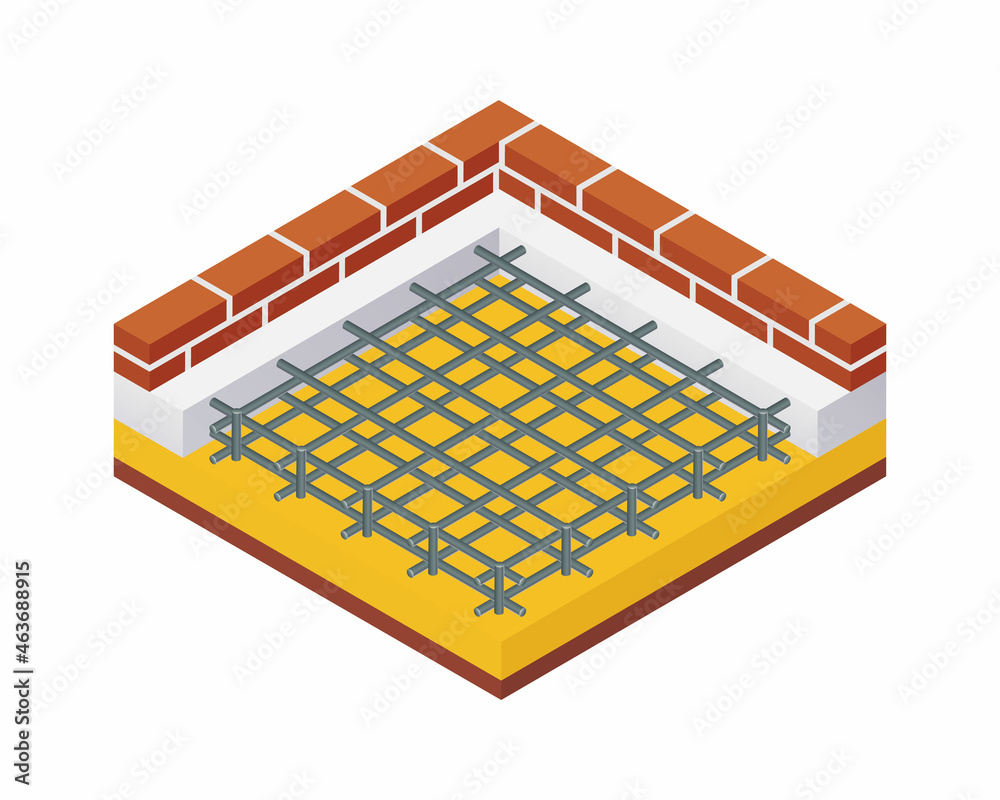 Isometric vector illustration concrete foundation of the building