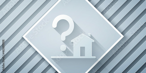 Paper cut House with question mark icon isolated on grey background. Housing problems, questions. Paper art style. Vector