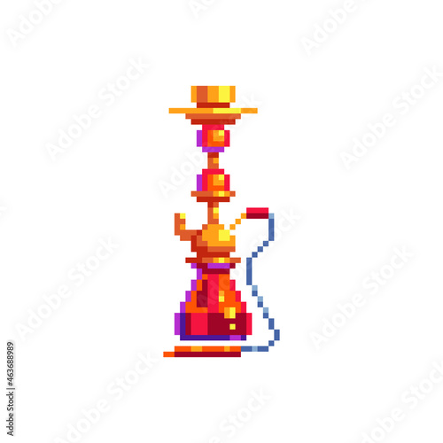 Hookah pixel art icon. Eastern, Turkish, Arabic, Persian glass and metal hookah, smoking attribute. Isolated vector illustration. Game assets 8-bit sprite. Design for stickers, logo, mobile app.