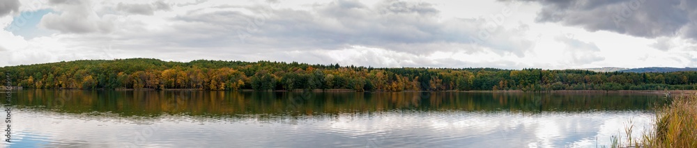 panorama of forest lake on sunny day beautiful autumn