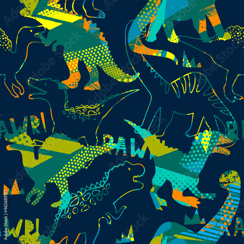 Grunge seamless pattern with dinosaur on dark background. Print for little boys