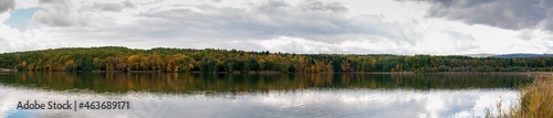 panorama of forest lake on sunny day beautiful autumn