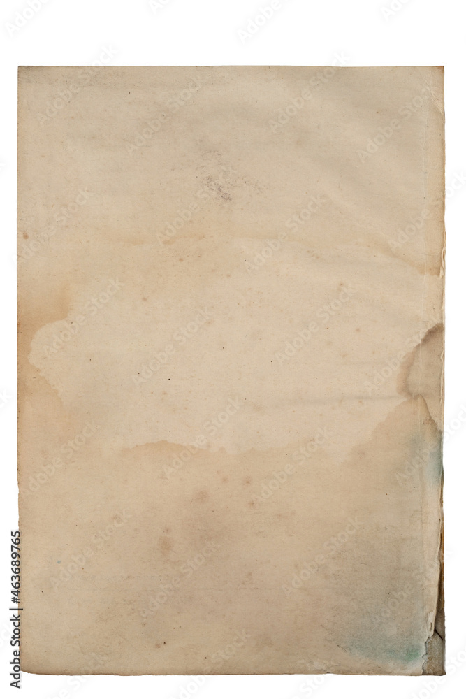 yellow stained paper, texture, old sheets from a book, isolate on a white background