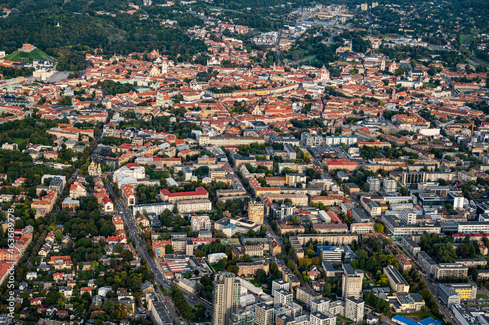Obraz premium Scenic view on central part of Vilnius capital of Lithuania from hot air balloon. Old Town view from the sky