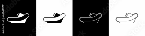 Set Rafting boat icon isolated on black and white background. Inflatable boat with paddles. Water sports, extreme sports, holiday, vacation. Vector