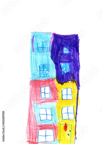 Children drawing of a colored multi-storey building