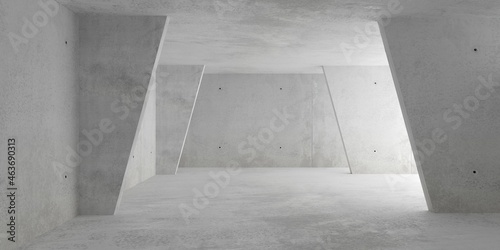 Abstract empty, modern concrete room with indirect lighting with diagonal walls and entry from the side and rough floor - industrial interior background template
