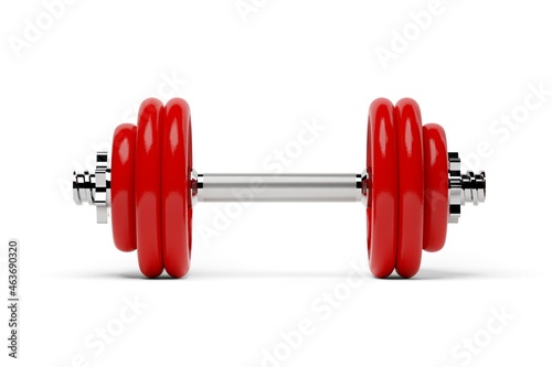 Single fitness gym dumbbell with chrome handle and red plates front view over white background, muscle exercise, bodybuilding or fitness concept object