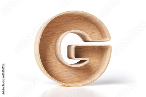 Fototapeta Naklejka Na Ścianę i Meble -  Shelf style alphabet letter G made of natural pine wood planks. High detailed 3D rendering.