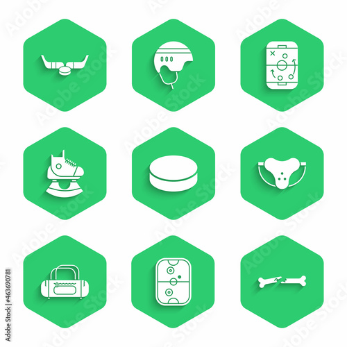 Set Hockey puck, Air hockey table, Human broken bone, Protective sport jockstrap, Sport bag, Skates, Planning strategy and Ice sticks and icon. Vector