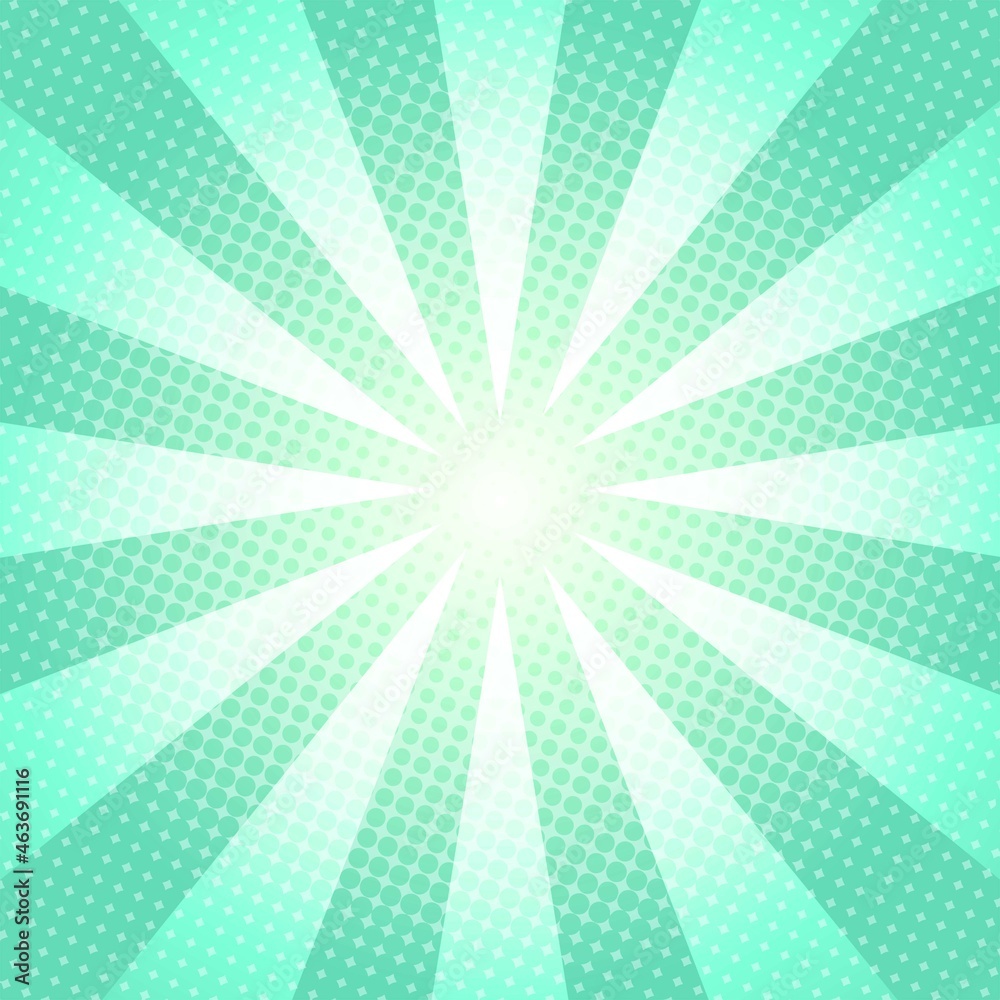 Obraz premium White and green Sunburst Pattern Background. Sunburst with rays background. Vector illustration. White and green radial background. Halftone background.