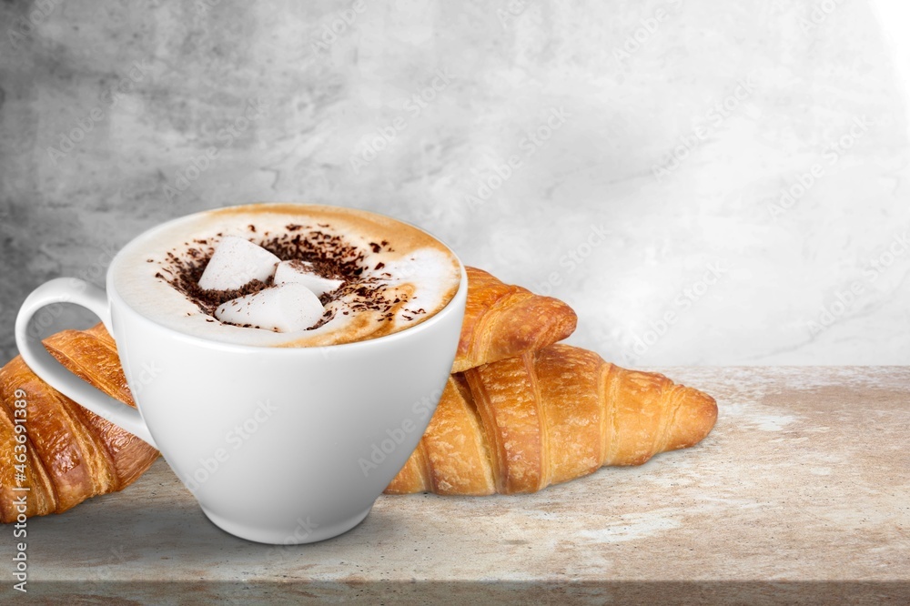 Fresh delicious breakfast with Coffee, crispy croissants on desk - obrazy, fototapety, plakaty 