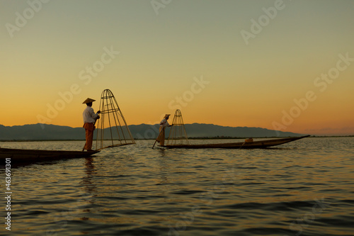 fishermen at morning sunrise, mandalay, burma, myanmar