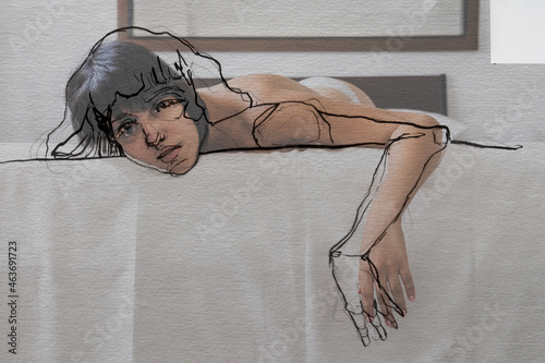 Sketch on sensual naked woman lying on bed