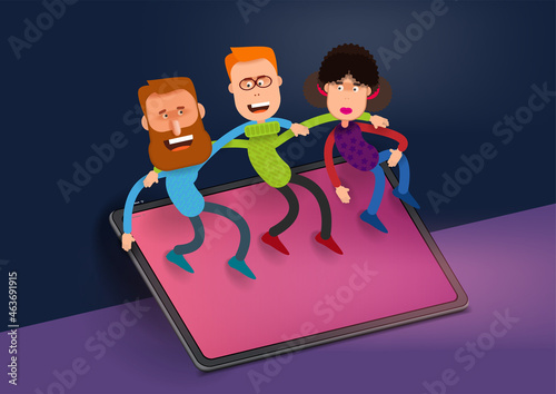 Cartoon family mom dad and son sitting hugging on a digital tablet photo