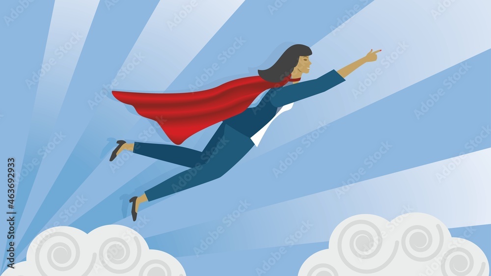 Woman, superhero, heroine flying in the sky. Vector illustration. Dimension 16:9. EPS10.
