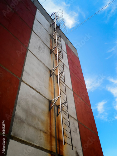 Emergency stairway or fire escape stair.
A residential five-story panel house, built during the Brezhnev era. 
 photo