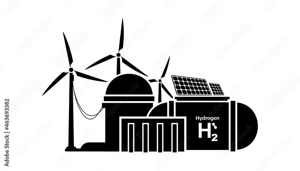 Hydrogen production using renewable energy sources. Vector icon on transparent background