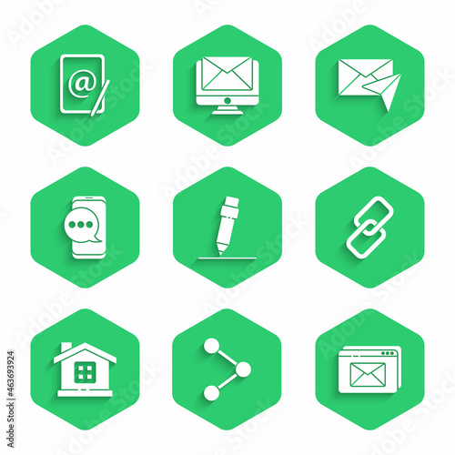 Set Pencil with eraser, Share, Website and envelope, Chain link, House, Chat messages notification on phone, Envelope and Mail e-mail icon. Vector