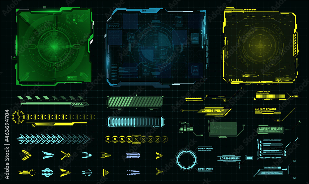 Futuristic HUD-style frame for GUI, UI, UX and web design. Callouts, arrows, labels, information panels of the call window,  frame screen. Loading bar. Green, Blue, Yellow Callouts titles. Vector - obrazy, fototapety, plakaty 