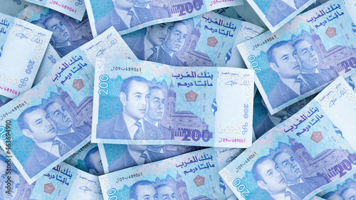 two hundred dirhams banknotes stacks, moroccan money, 200 dirhams, 3d render