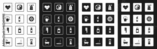 Set Perfume, Spray can for hairspray, Kettle with handle, Heart heal, Leaf plant nature, Yin Yang, Cream lotion cosmetic tube and Hairbrush icon. Vector