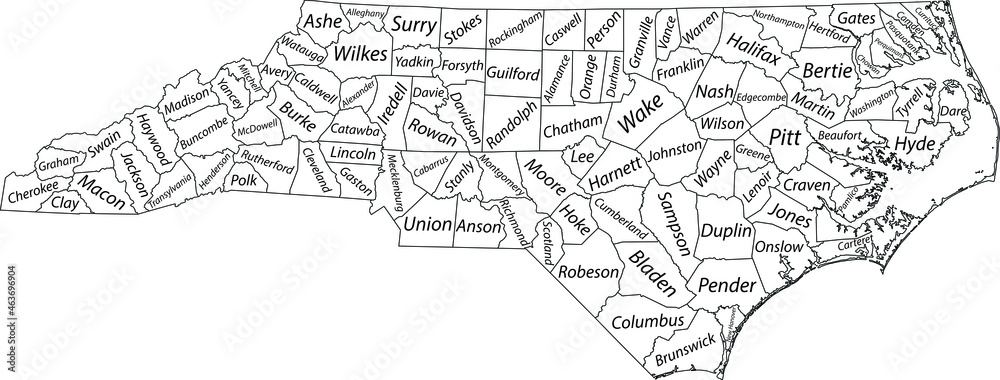 White vector administrative map of the Federal State of North Carolina, USA with black borders and name tags of its counties
