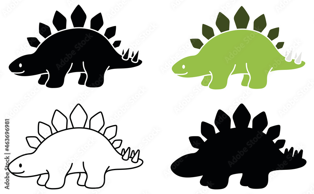 Fototapeta: Stegosaurus Cartoon Dinosaur Clipart Set - Outline, Silhouette  and Color #463696981 '