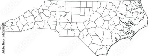 White blank vector administrative map of the Federal State of North Carolina, USA with black borders of its counties