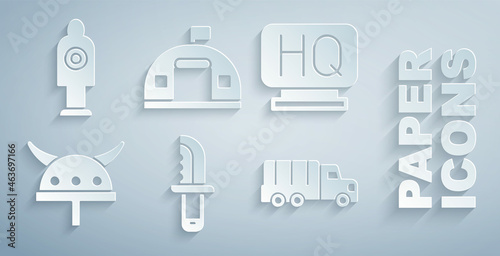 Set Military knife, headquarters, Viking in horned helmet, truck, barracks and Human target sport for shooting icon. Vector