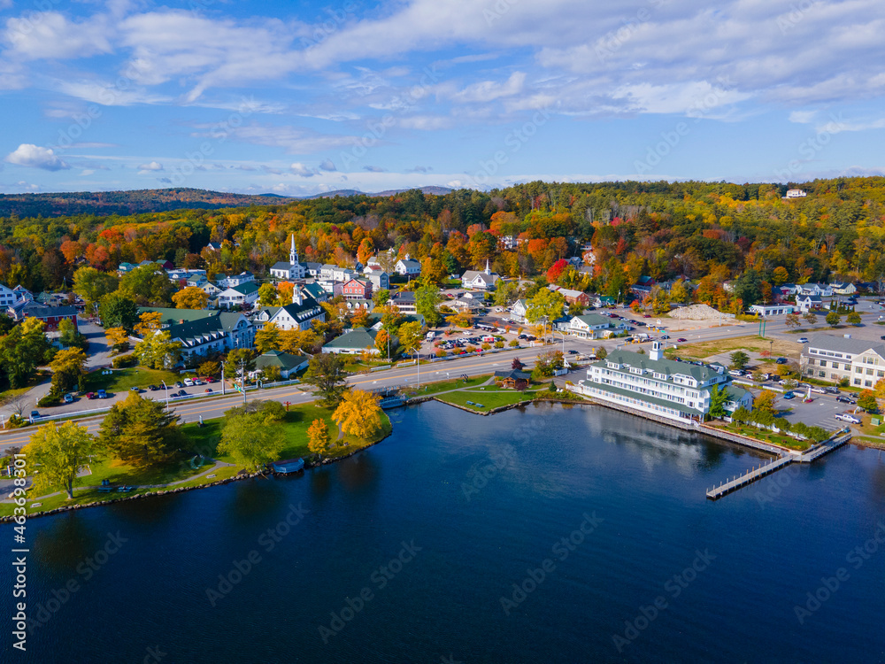 Meredith town center with fall foliage aerial view in fall with