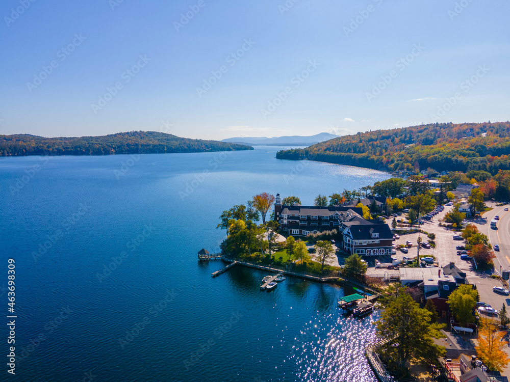 Waterfront of Meredith Bay in Lake Winnipesaukee at Meredith town center aerial view with fall foliage, New Hampshire NH, USA. 