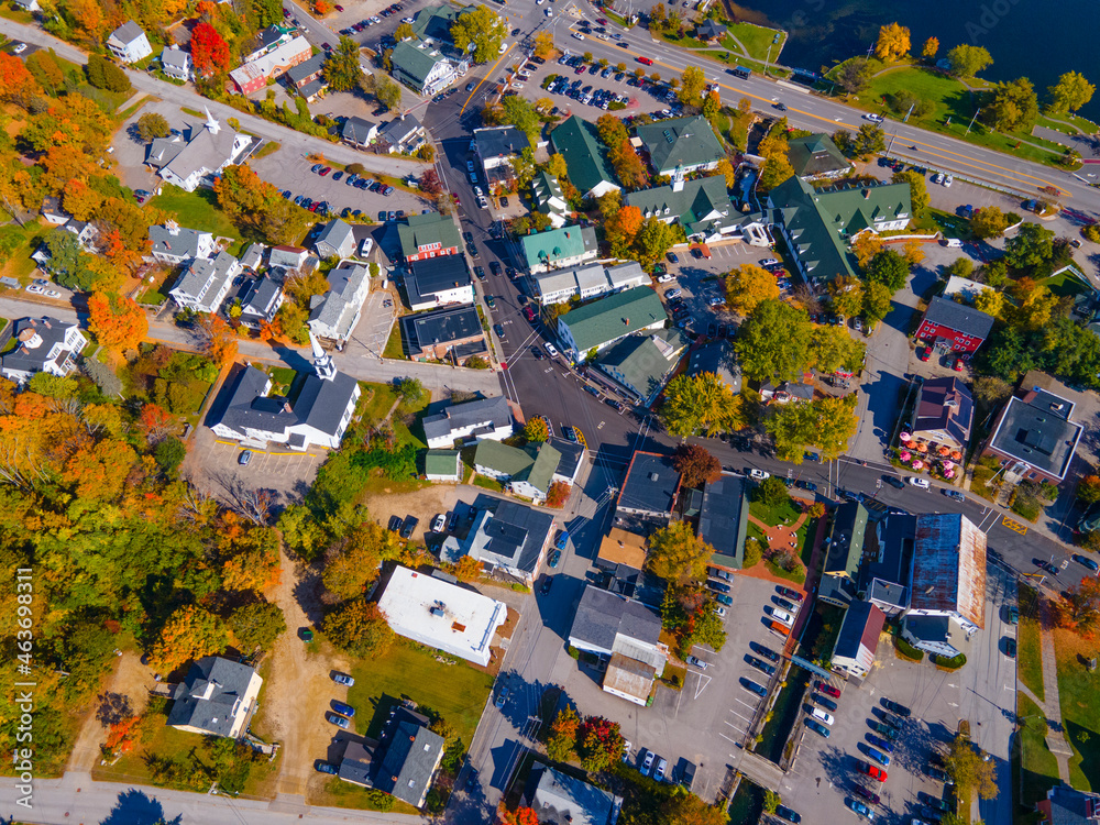 Meredith town center with fall foliage top view including First Congregational Church and Mill Falls, New Hampshire NH, USA. Meredith town center with fall foliage top view including First Congregational Church and Mill Falls, New Hampshire NH, USA.