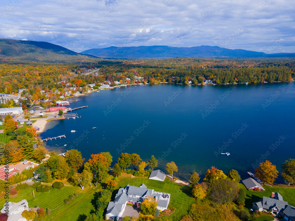 Center Harbor town center aerial view in fall with waterfront of Lake