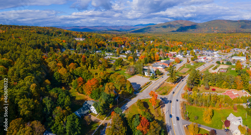 Center Harbor historic village district panoramic aerial view in fall including Congregational church, Town Hall and Public Library, Center Harbor, New Hampshire NH, USA.  photo