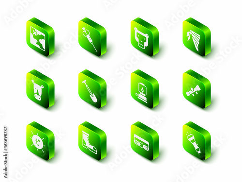 Set Syringe, Monkey, Bandana or biker scarf, Sniper optical sight, Flashlight, Camping lantern, Hunting cartridge belt and Hunter boots icon. Vector