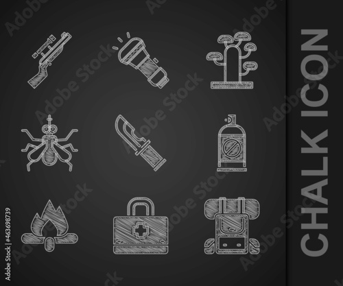 Set Hunter knife, First aid kit, Hiking backpack, Spray against insects, Campfire, Mosquito, African tree and Sniper rifle with scope icon. Vector