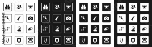 Set African buffalo head, Hunting gun, Syringe, jacket, Photo camera, Cartridges, Cloud with rain and Swiss army knife icon. Vector