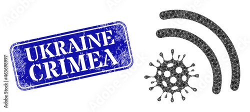 Low-poly virus emanation combined with chaotic filled triangles, and grunge Ukraine Crimea stamp. Blue rounded framed rectangle seal has Ukraine Crimea tag inside framed rectangle form. photo