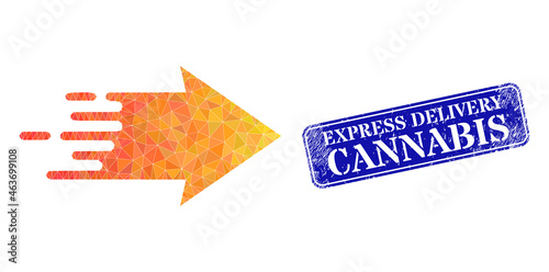 Low-poly speed arrow designed with random filled triangles, and grunge Express Delivery Cannabis seal.