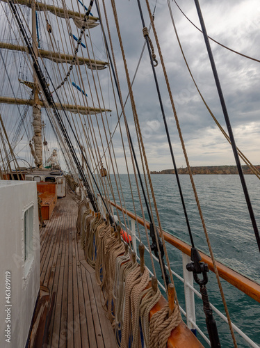 Ponta da Piedade in Lagos Portugal on a rainy day. View from the deck of a sailing ship. 