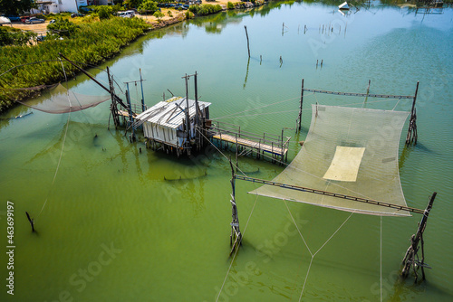 Traditional fishing nets, Old Fish trap in Ada Bojana at Bojana river in Montenegro photo