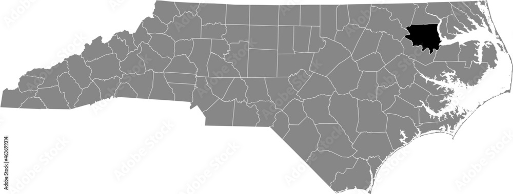 Black highlighted location map of the Bertie County inside gray administrative map of the Federal State of North Carolina, USA