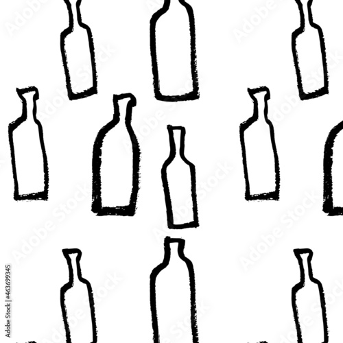 Vector seamless pattern from black stylized bottles on a white background. Brush drawing, grunge. Image for fabric, wrapping paper, wallpaper. Wine, beer, whiskey, restaurant. Minimalism, hand drawing