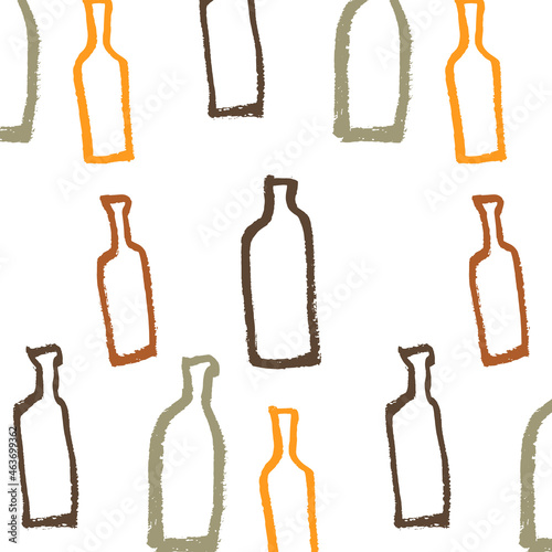 Vector seamless pattern from colored stylized bottles on a white background. Brush drawing, grunge. Image for fabric, wrapping paper, wallpaper. Wine, beer, whiskey. Minimalism, hand drawing.