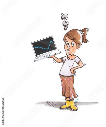 Illustrierte Frau mit Laptop ist unsicher, ob die Kurse fallen oder steigen ? photo