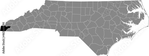 Black highlighted location map of the Cherokee County inside gray administrative map of the Federal State of North Carolina, USA